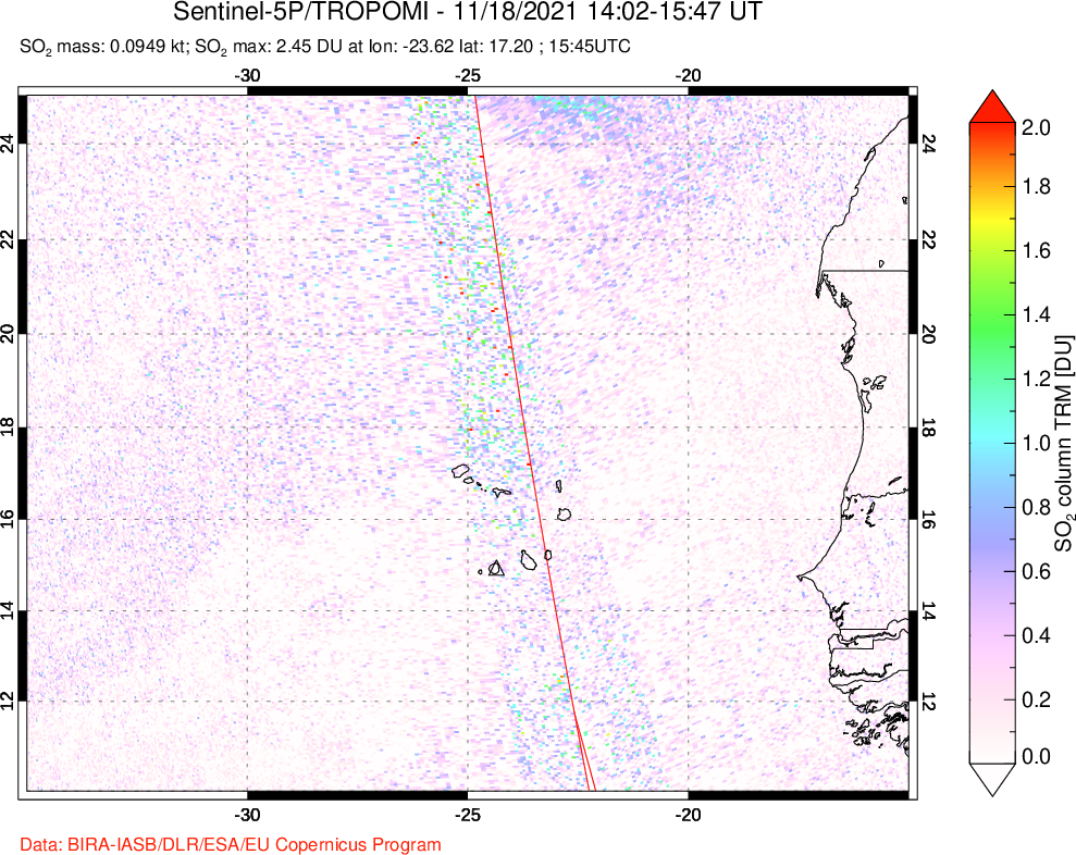 A sulfur dioxide image over Cape Verde Islands on Nov 18, 2021.