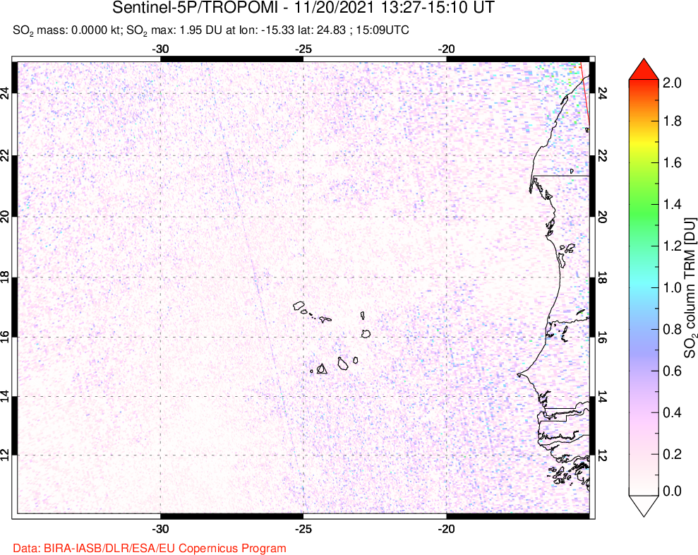 A sulfur dioxide image over Cape Verde Islands on Nov 20, 2021.
