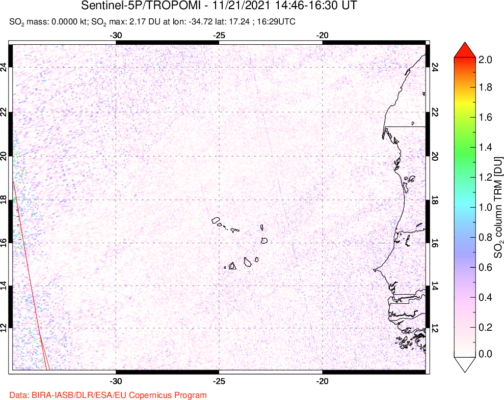 A sulfur dioxide image over Cape Verde Islands on Nov 21, 2021.
