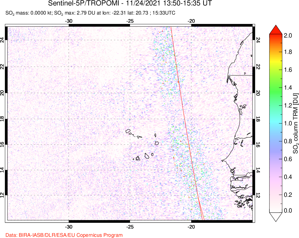 A sulfur dioxide image over Cape Verde Islands on Nov 24, 2021.