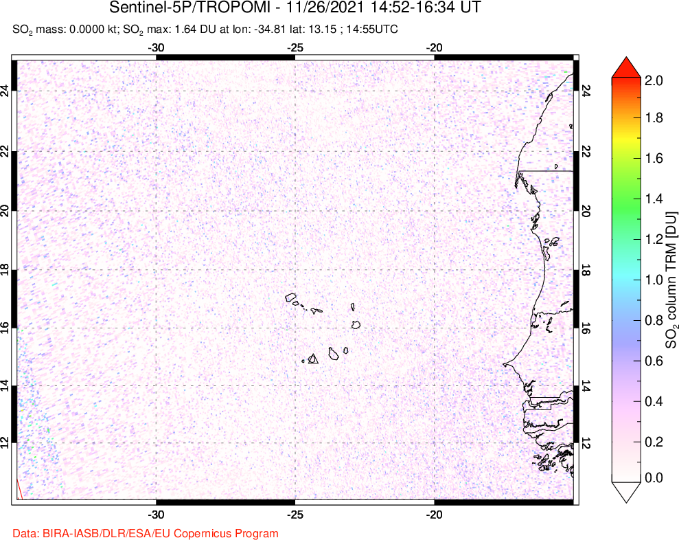 A sulfur dioxide image over Cape Verde Islands on Nov 26, 2021.