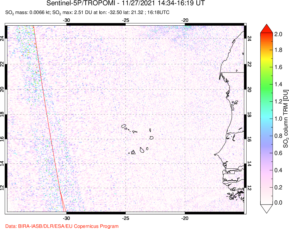 A sulfur dioxide image over Cape Verde Islands on Nov 27, 2021.