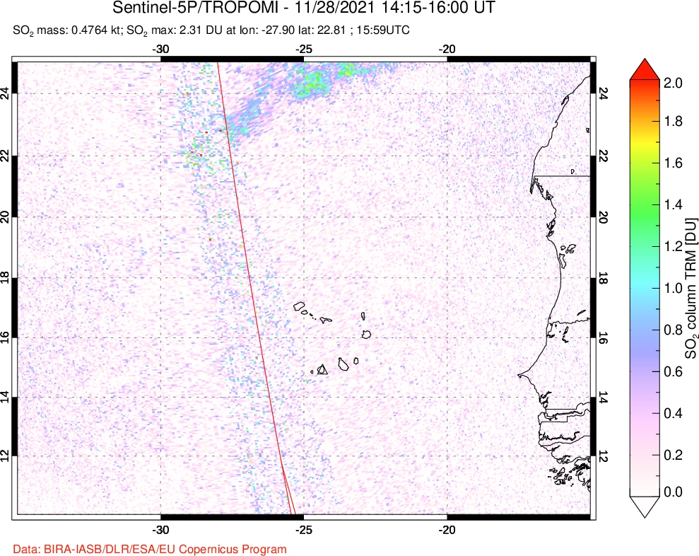A sulfur dioxide image over Cape Verde Islands on Nov 28, 2021.