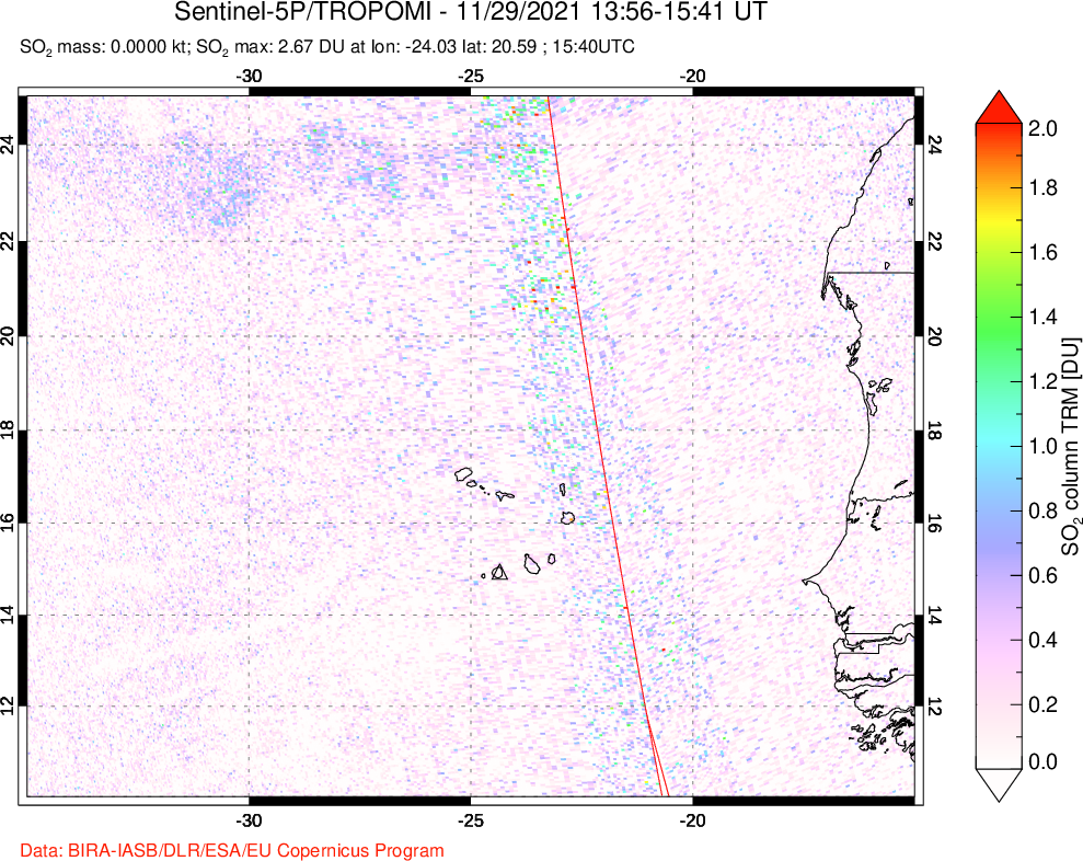 A sulfur dioxide image over Cape Verde Islands on Nov 29, 2021.
