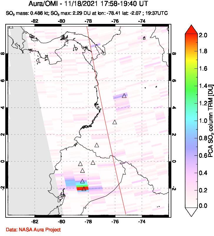 A sulfur dioxide image over Ecuador on Nov 18, 2021.
