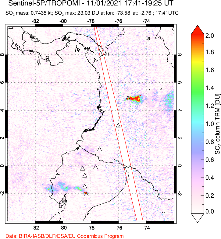 A sulfur dioxide image over Ecuador on Nov 01, 2021.