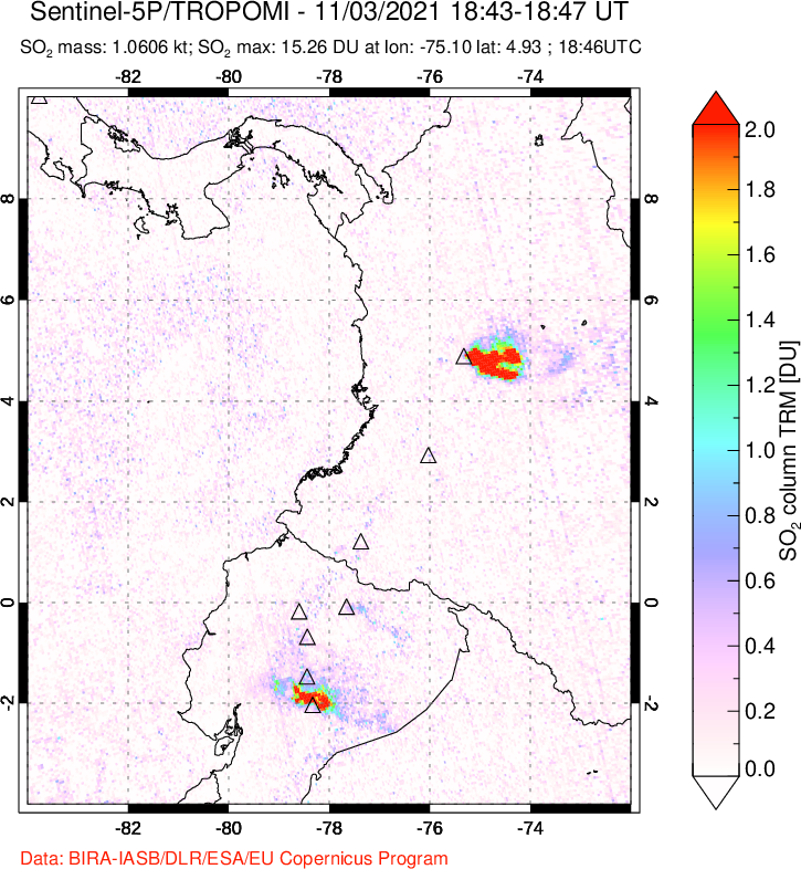 A sulfur dioxide image over Ecuador on Nov 03, 2021.