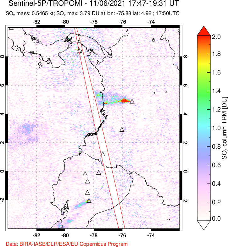 A sulfur dioxide image over Ecuador on Nov 06, 2021.