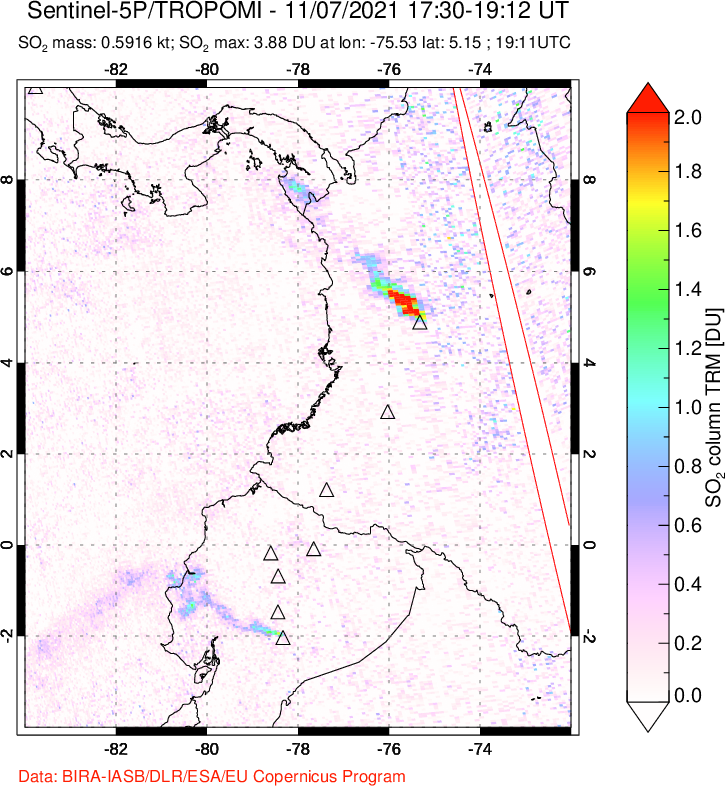 A sulfur dioxide image over Ecuador on Nov 07, 2021.