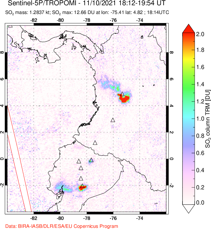 A sulfur dioxide image over Ecuador on Nov 10, 2021.