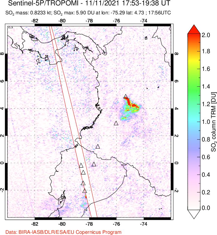 A sulfur dioxide image over Ecuador on Nov 11, 2021.