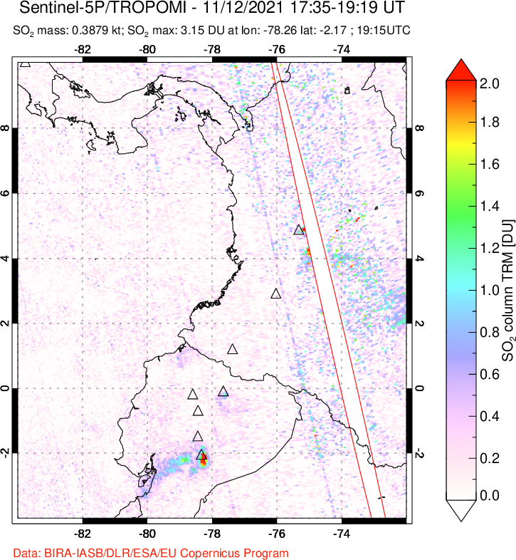 A sulfur dioxide image over Ecuador on Nov 12, 2021.