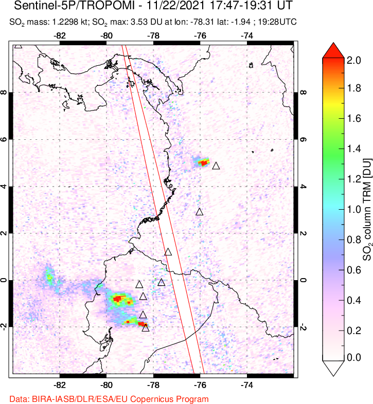A sulfur dioxide image over Ecuador on Nov 22, 2021.