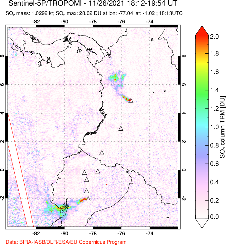 A sulfur dioxide image over Ecuador on Nov 26, 2021.