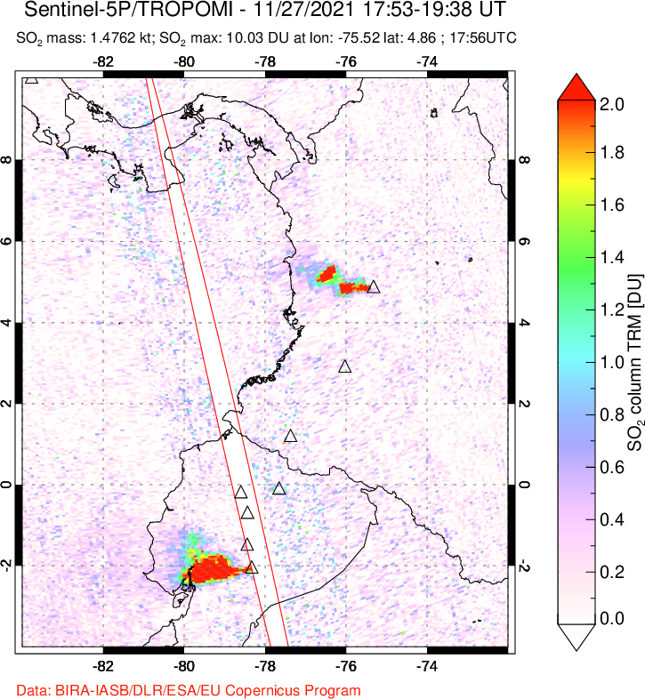 A sulfur dioxide image over Ecuador on Nov 27, 2021.