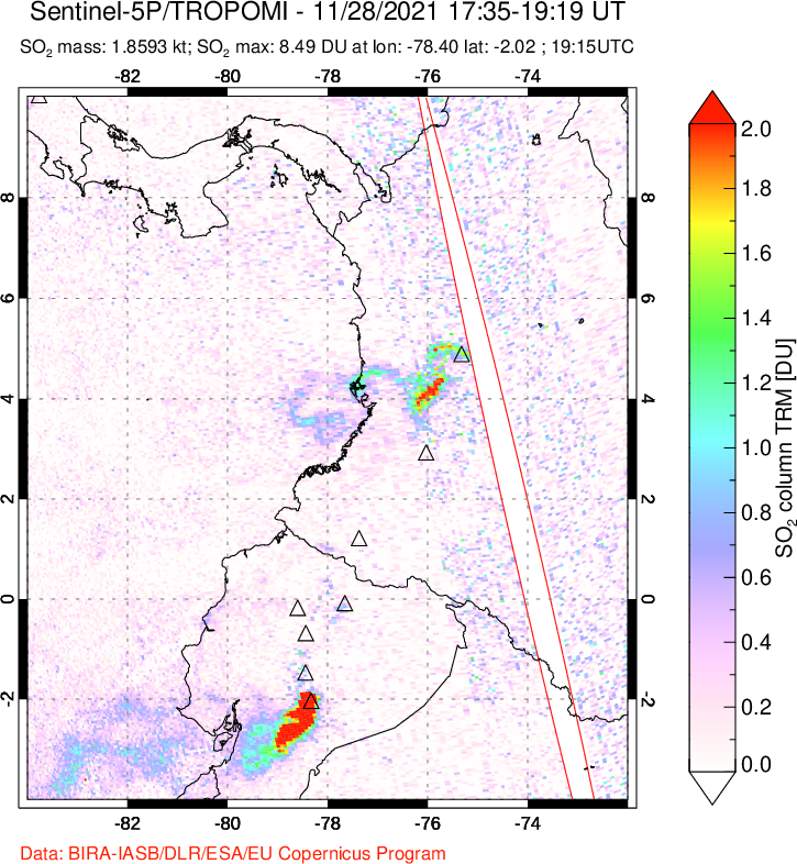A sulfur dioxide image over Ecuador on Nov 28, 2021.