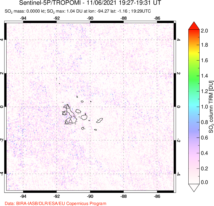 A sulfur dioxide image over Galápagos Islands on Nov 06, 2021.