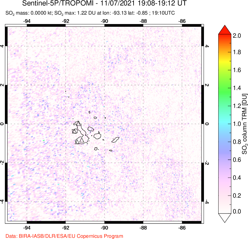 A sulfur dioxide image over Galápagos Islands on Nov 07, 2021.