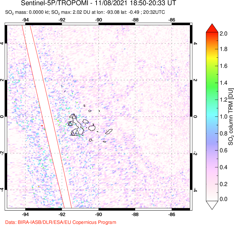 A sulfur dioxide image over Galápagos Islands on Nov 08, 2021.