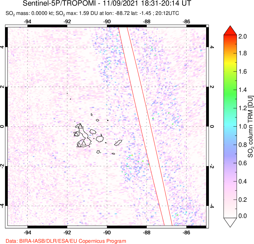 A sulfur dioxide image over Galápagos Islands on Nov 09, 2021.