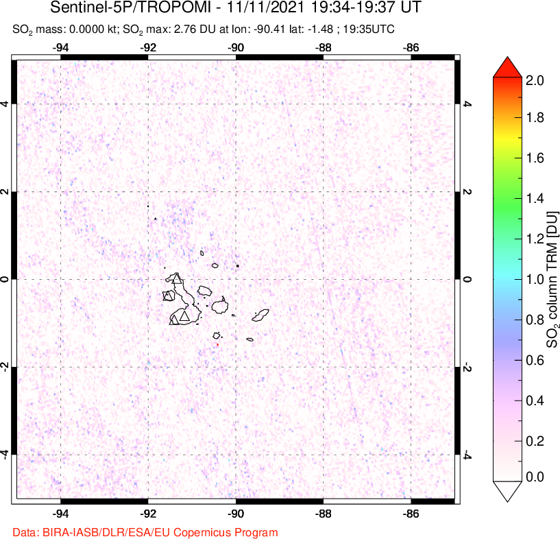 A sulfur dioxide image over Galápagos Islands on Nov 11, 2021.