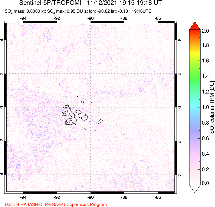 A sulfur dioxide image over Galápagos Islands on Nov 12, 2021.