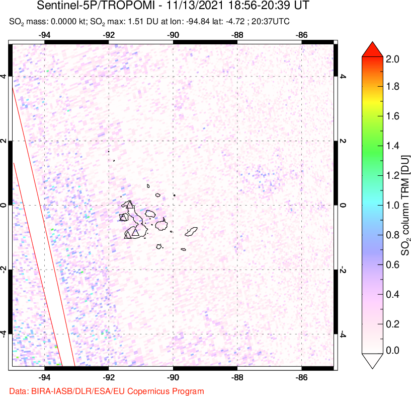 A sulfur dioxide image over Galápagos Islands on Nov 13, 2021.