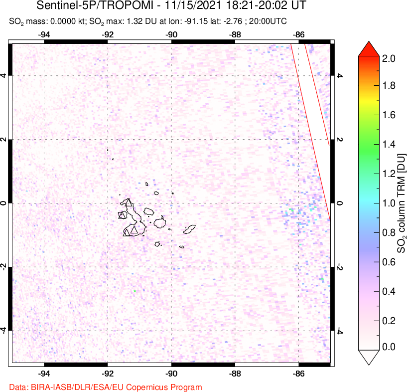 A sulfur dioxide image over Galápagos Islands on Nov 15, 2021.