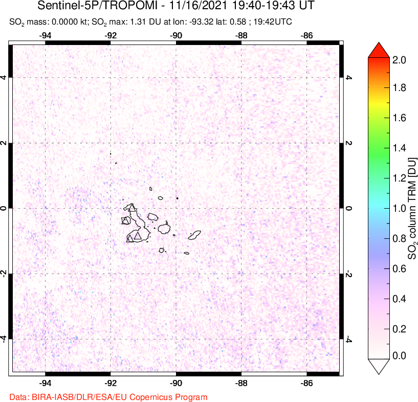 A sulfur dioxide image over Galápagos Islands on Nov 16, 2021.