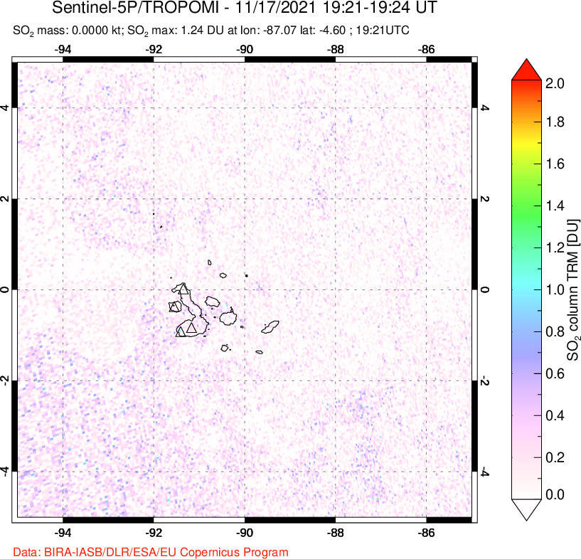 A sulfur dioxide image over Galápagos Islands on Nov 17, 2021.