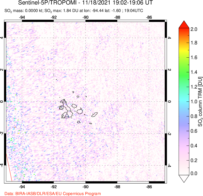 A sulfur dioxide image over Galápagos Islands on Nov 18, 2021.