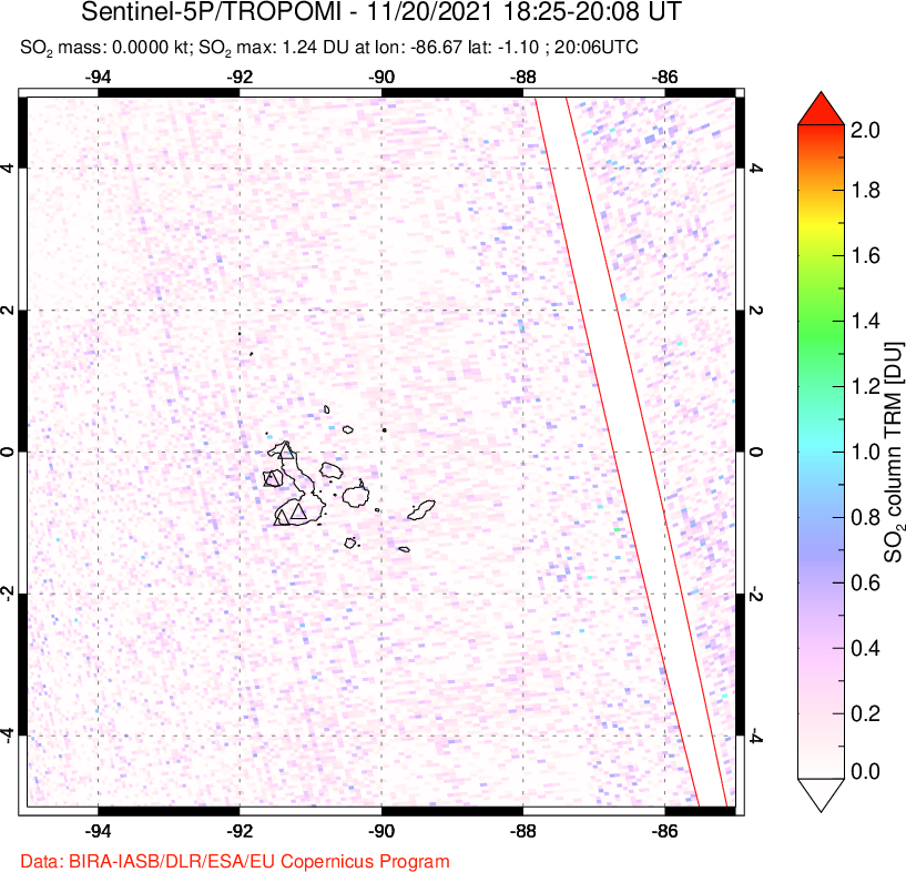 A sulfur dioxide image over Galápagos Islands on Nov 20, 2021.