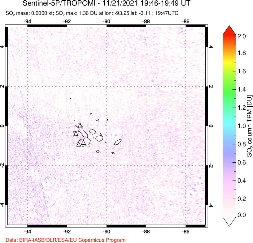 A sulfur dioxide image over Galápagos Islands on Nov 21, 2021.