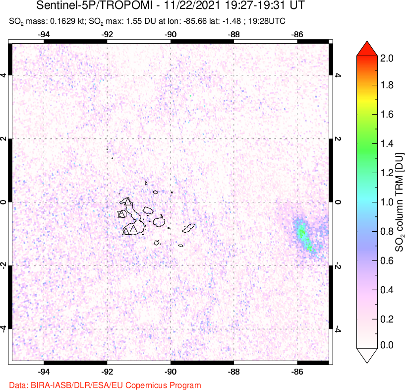 A sulfur dioxide image over Galápagos Islands on Nov 22, 2021.