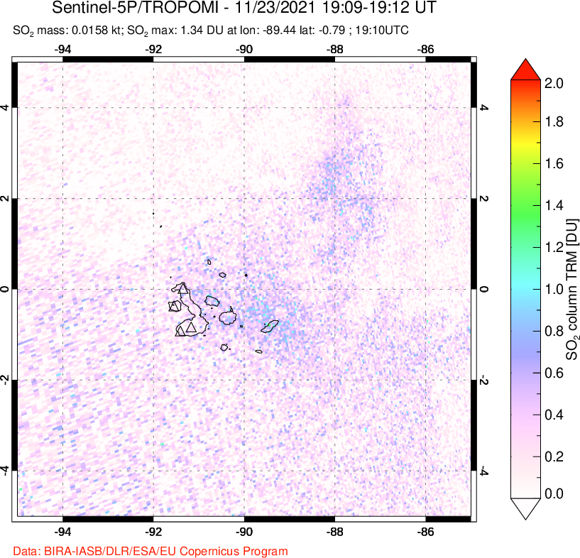A sulfur dioxide image over Galápagos Islands on Nov 23, 2021.