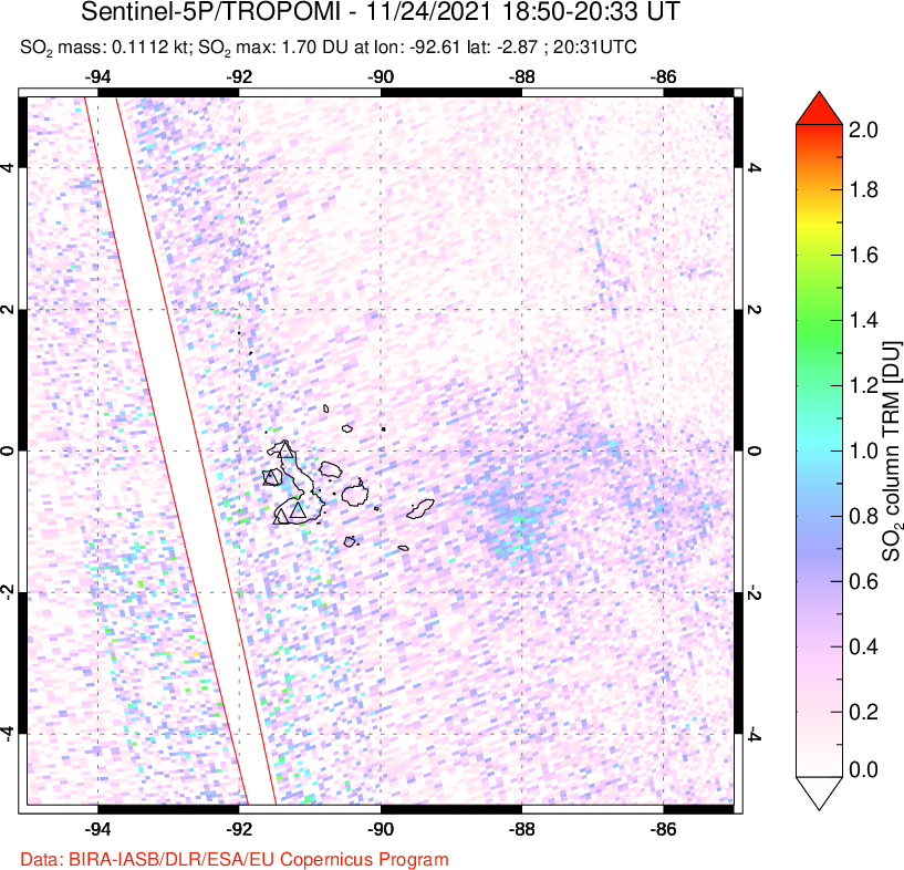 A sulfur dioxide image over Galápagos Islands on Nov 24, 2021.