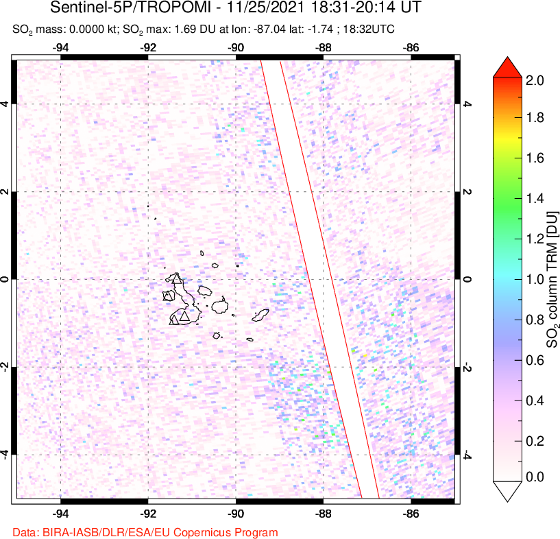 A sulfur dioxide image over Galápagos Islands on Nov 25, 2021.