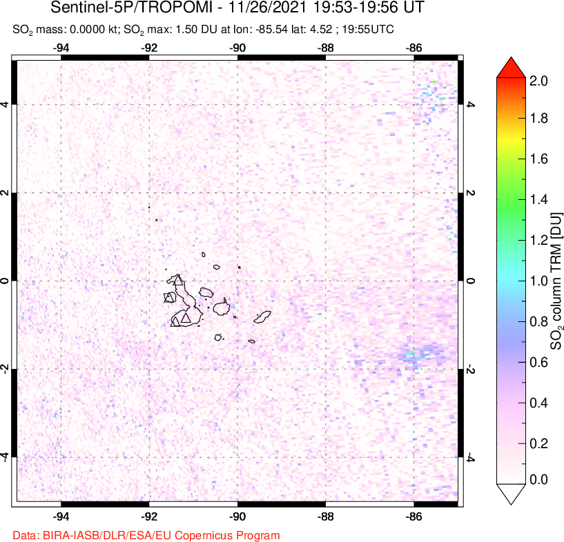 A sulfur dioxide image over Galápagos Islands on Nov 26, 2021.