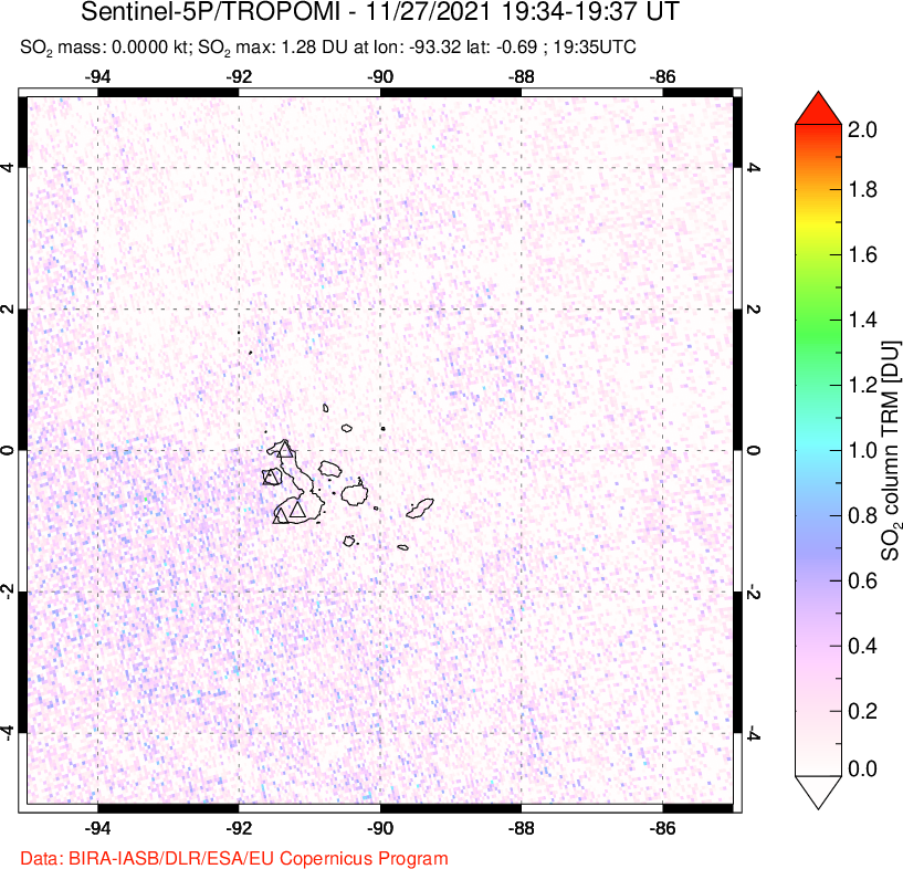 A sulfur dioxide image over Galápagos Islands on Nov 27, 2021.