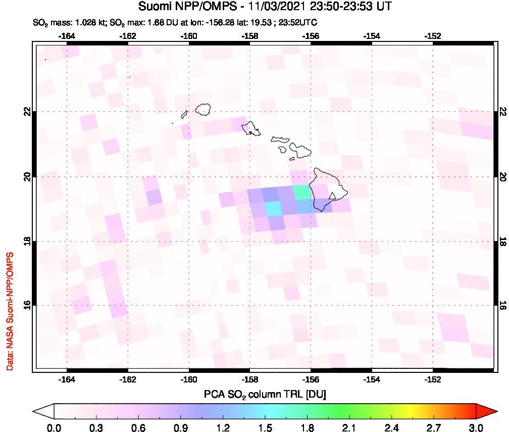 A sulfur dioxide image over Hawaii, USA on Nov 03, 2021.