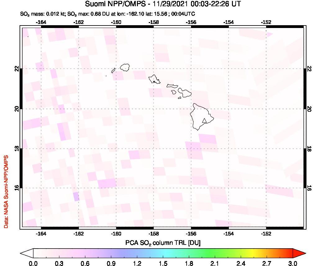 A sulfur dioxide image over Hawaii, USA on Nov 29, 2021.