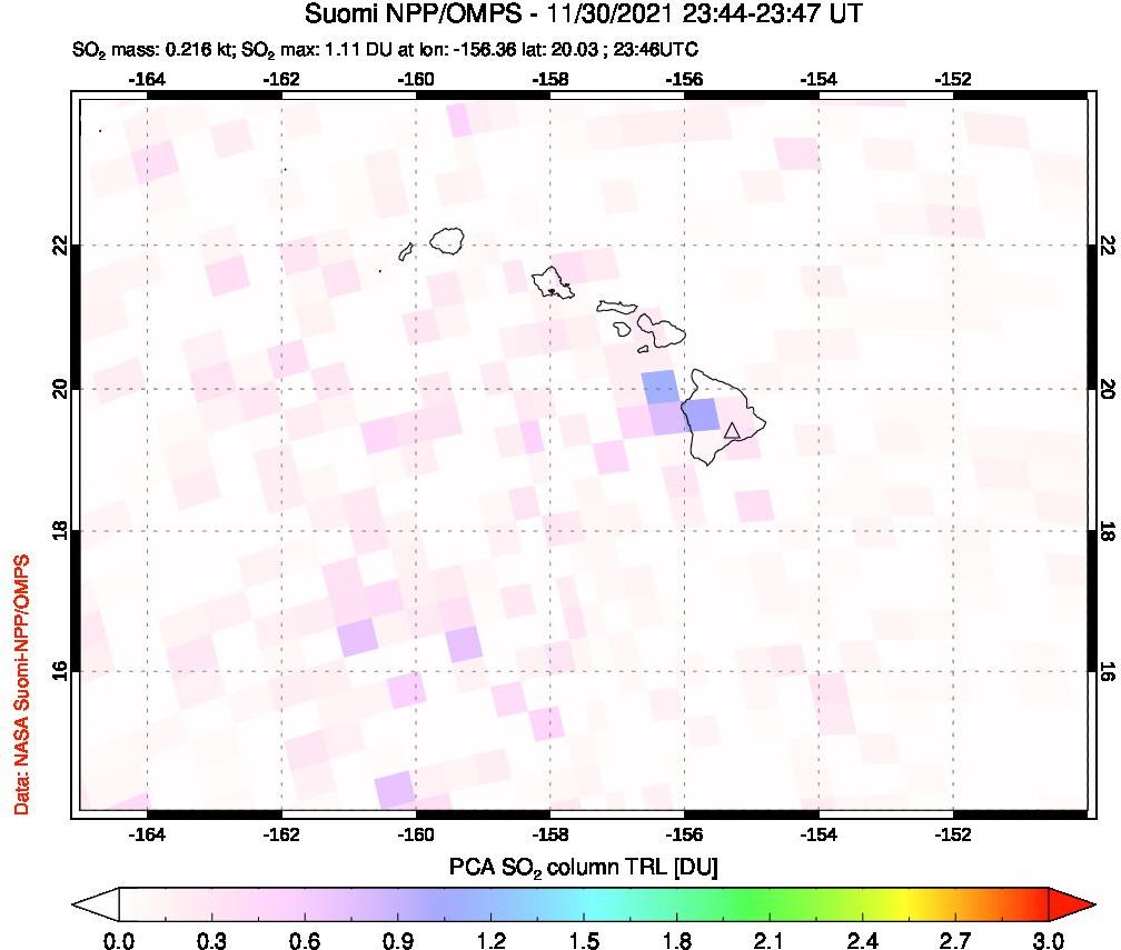 A sulfur dioxide image over Hawaii, USA on Nov 30, 2021.