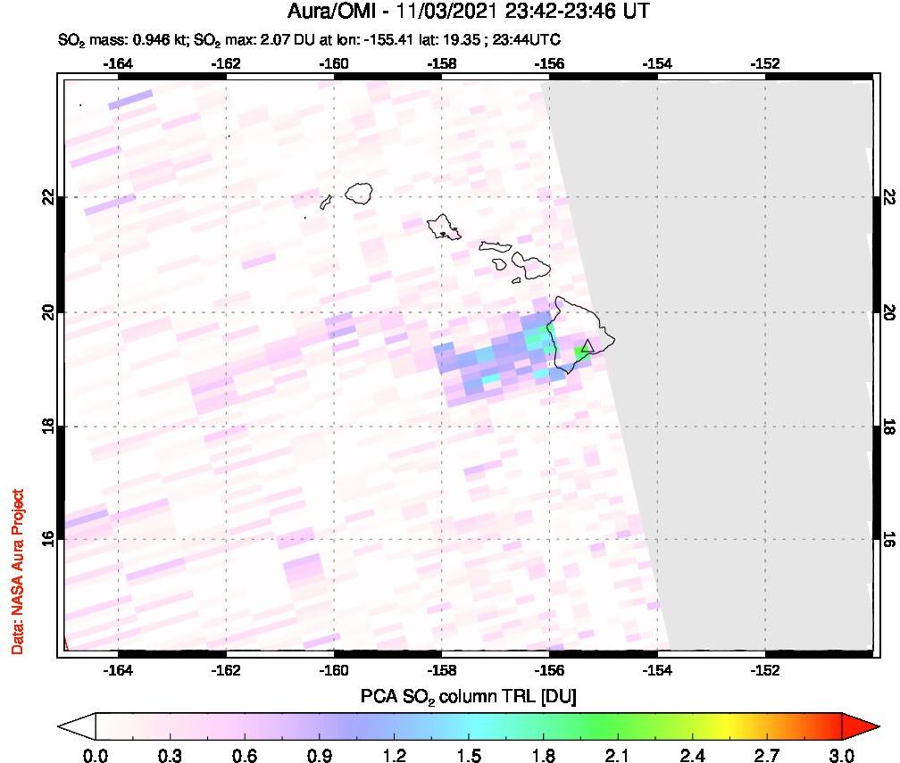 A sulfur dioxide image over Hawaii, USA on Nov 03, 2021.