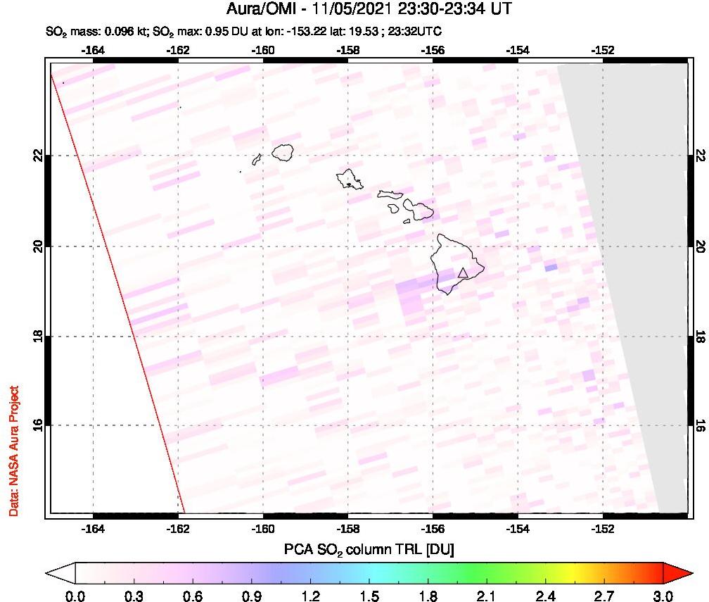 A sulfur dioxide image over Hawaii, USA on Nov 05, 2021.