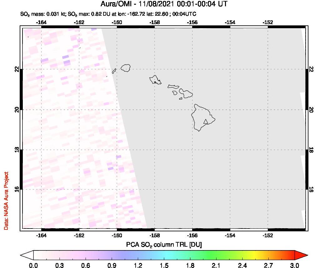 A sulfur dioxide image over Hawaii, USA on Nov 08, 2021.