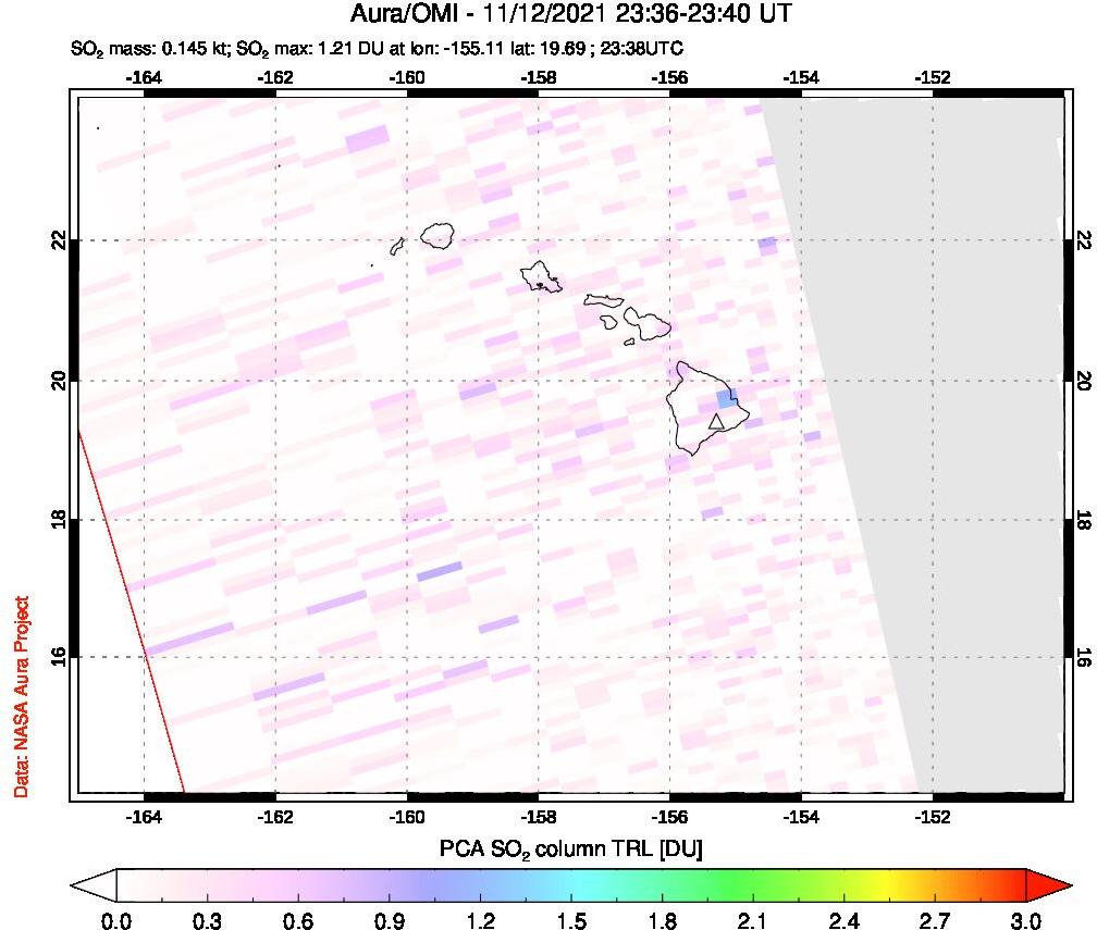 A sulfur dioxide image over Hawaii, USA on Nov 12, 2021.