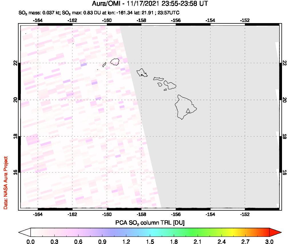 A sulfur dioxide image over Hawaii, USA on Nov 17, 2021.