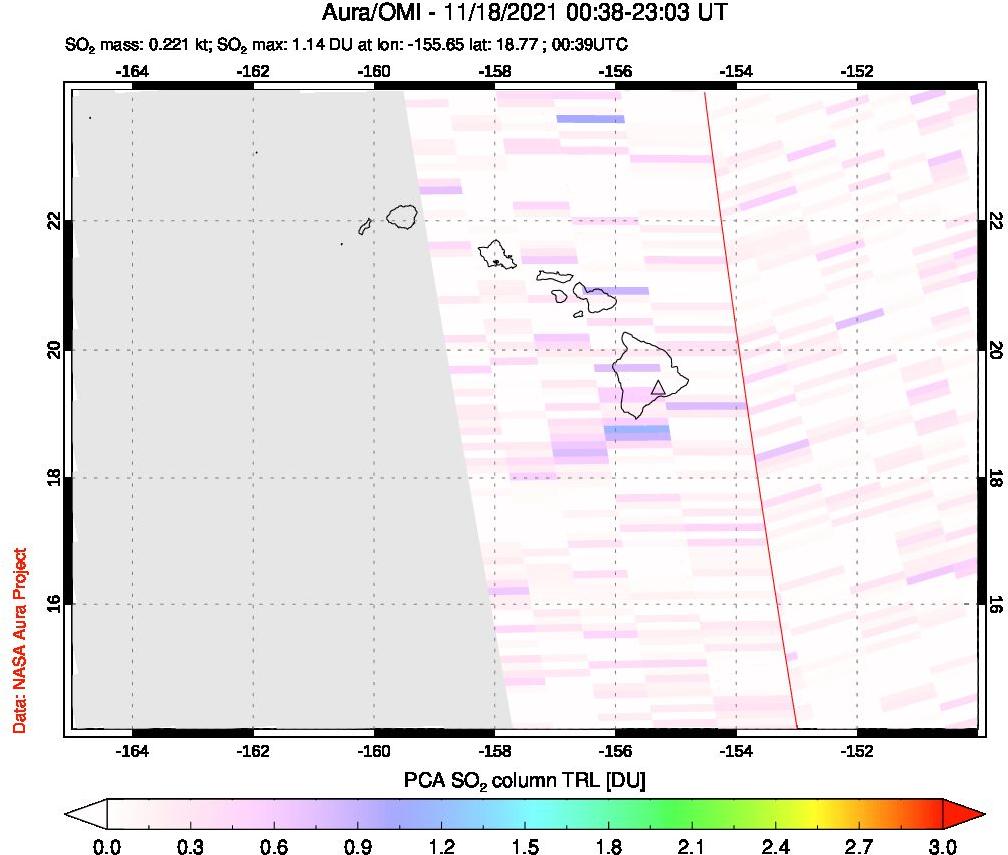 A sulfur dioxide image over Hawaii, USA on Nov 18, 2021.