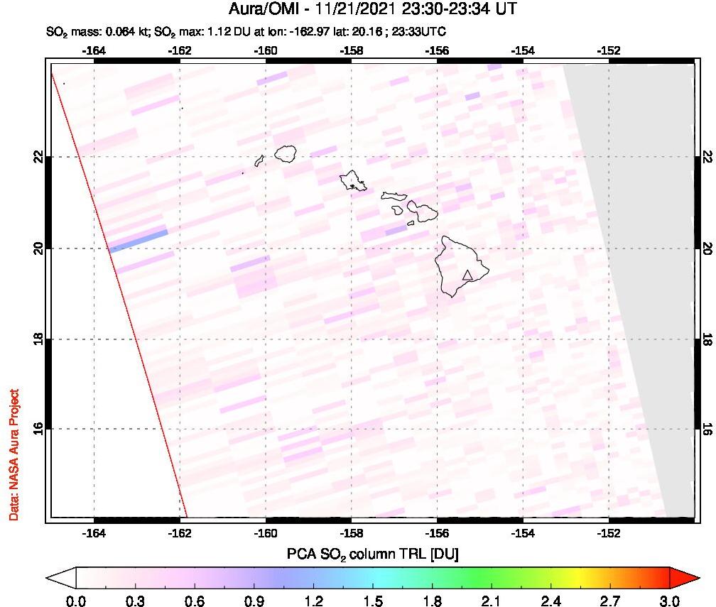 A sulfur dioxide image over Hawaii, USA on Nov 21, 2021.