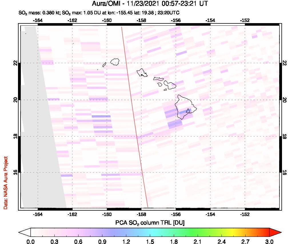 A sulfur dioxide image over Hawaii, USA on Nov 23, 2021.
